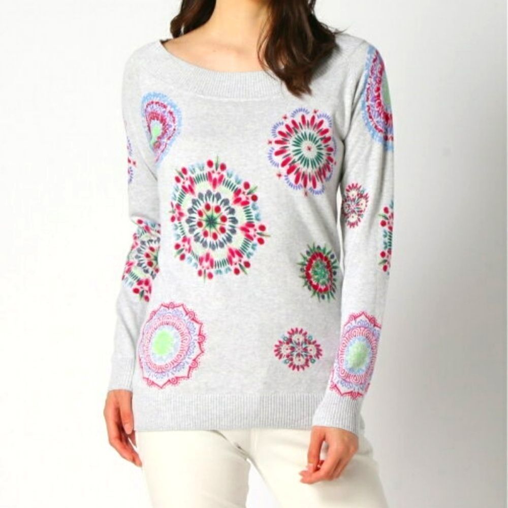NWT DESIGUAL Knit Magnolia Floral Embroidered Pullover Top XL